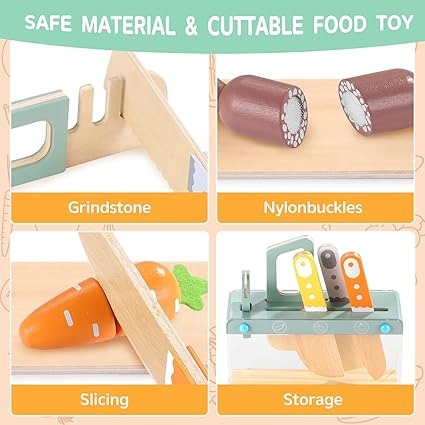 Wooden Kids Play Kitchen Set with Toy Utensils & Velcro Food Montessori Pretend Cooking Playset - Image 2