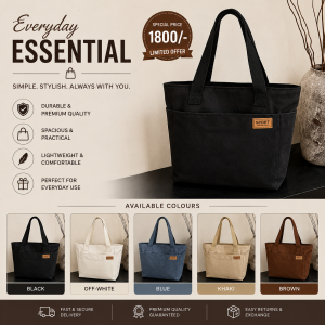 Canvas Tote Bag for Students & Professionals in Pakistan – Reusable Shoulder Bag for College, Office, Shopping & Everyday Use (Black, Off-White, Blue, Khaki & Brown)