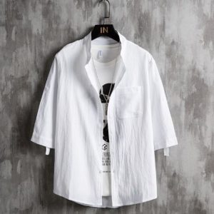 Men Plus Size Solid Green Short Sleeve Shirt Summer Cotton