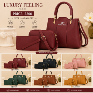 Women's Rexine 3-Piece Handbag Set | Premium Tote Bag with Wallet & Pouch – Maroon, Blue, Black, Pink, Green, Brown & Mustard