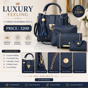 5-Piece Navy Blue PU Leather Handbag Set for Women | Premium Tote Bag with Shoulder Bag, Wallet & Pouches