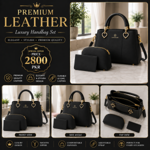 Black Leather 3-Piece Women's Handbag Set | Premium Tote Bag with Wallet & Cosmetic Pouch for Ladies