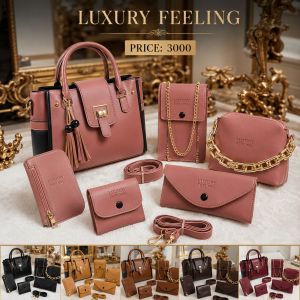 4-Piece Leather Handbag Set for Girls & Women | Premium Handbag, Crossbody Bag, Wallet & Clutch – Maroon, Black, Brown & Grey