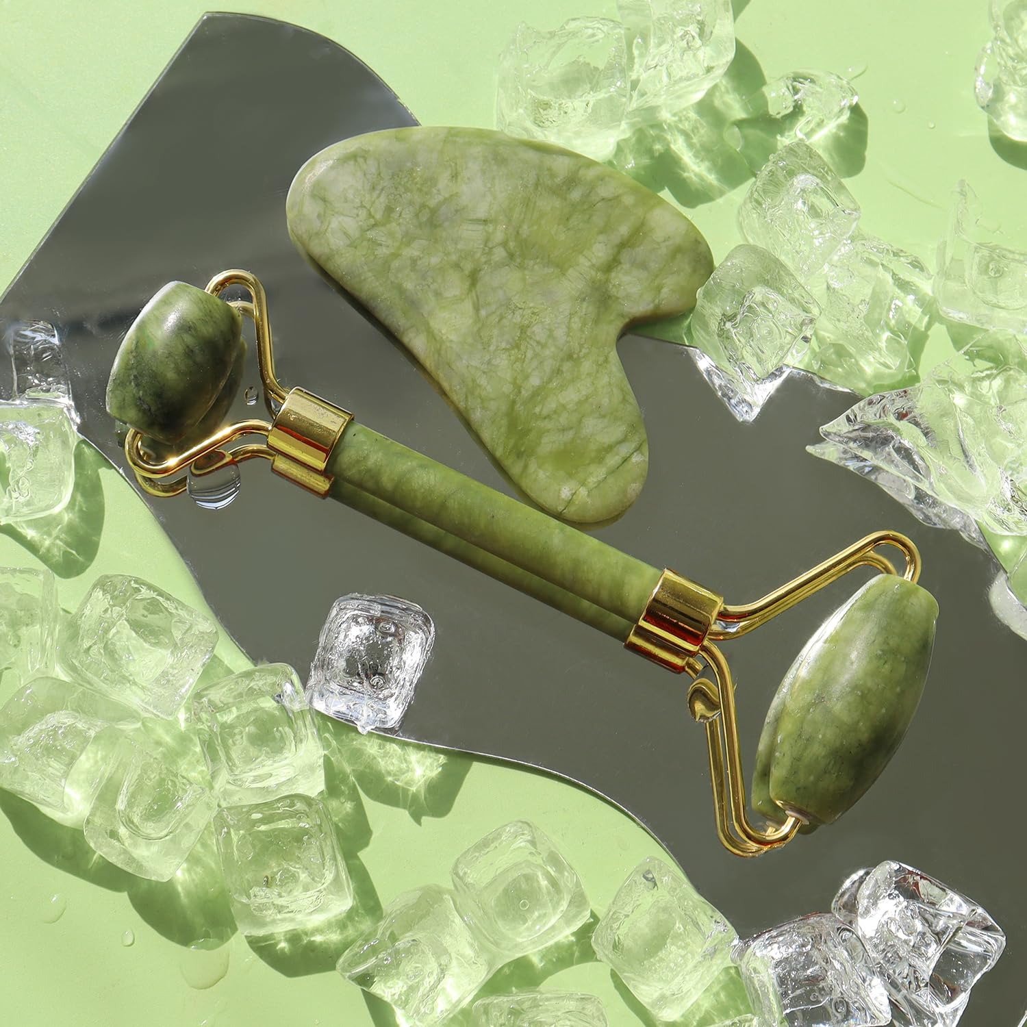 FLFWLASS Contour Facial Roller & Gua Sha Massager Set Natural Jade Stone Beauty Kit for Face Lifting & Anti-Aging