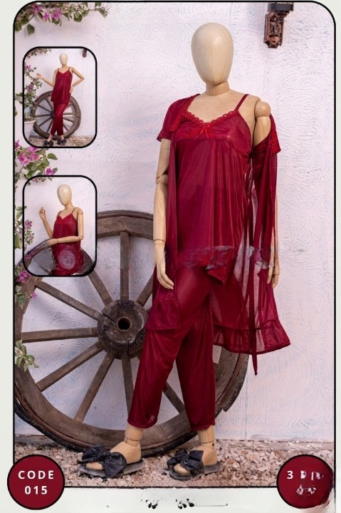 Luxury Silk 3-Piece Nightwear Set for Women Free Size Premium Satin Robe & Pajama Suit (SKU: R-015) - Image 2