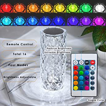 Rose Diamond Crystal Table Lamp 16 Color RGB Touch Sensor Light with Remote Control USB Charging Portable Atmosphere Lamp