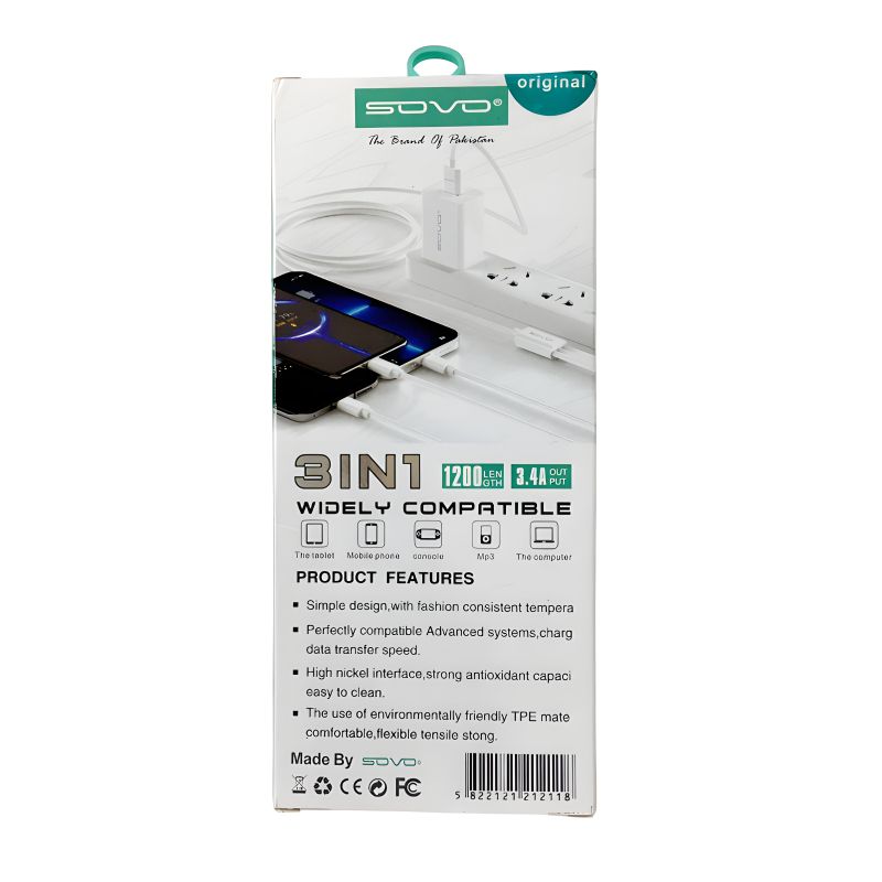 SOVO High Quality 3-in-1 Fast Charging Cable Multi Charging Cable for Micro USB, Type-C & Lightning Devices - Image 3