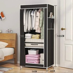 Heavy-Duty Portable Single Fabric Wardrobe  Compact Space-Saving Clothes Organizer with Hanging Rail, Storage Shelves, and Dustproof Curtain Cover (56cm x 44cm x 146cm)