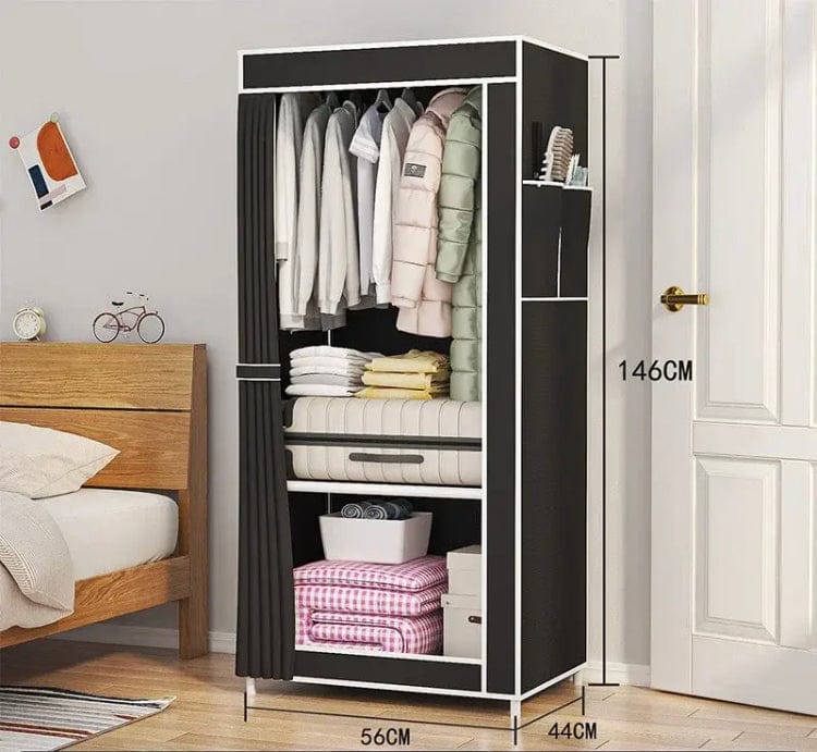 Heavy-Duty Portable Single Fabric Wardrobe Compact Space-Saving Clothes Organizer with Hanging Rail, Storage Shelves, and Dustproof Curtain Cover (56cm x 44cm x 146cm)