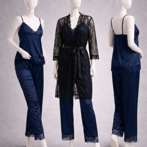 Elegant 3-Piece Women's Nightwear Set  Silk Cami, Pyjamas & Lace Robe (Free Size)