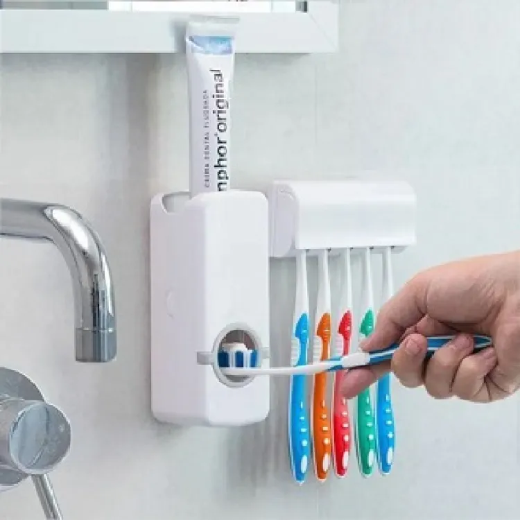 Toothpaste Dispenser With 5 Brush Holder Wall Mounted Automatic Hands Free Toothpaste Dispenser - Image 2