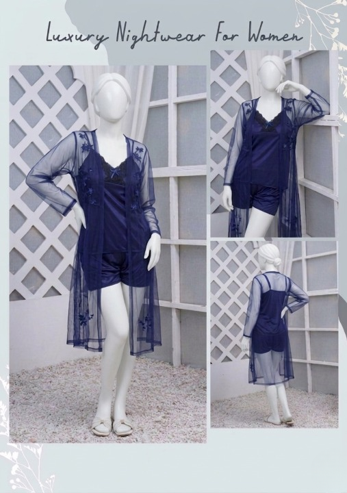 3 Pcs Luxurious Silk & Net Black Lace Women's Sleepwear Set Top Short & Gown Nightwear (Free Size) - Image 2