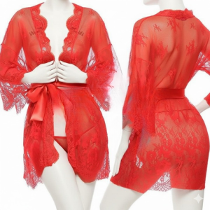 Single Pcs Womens Net Transparent Sheer Lace Robe Gown Long Sleeve Free-Size Nightwear With Satin Belt For Elegant And Stylish Comfort (DC-1051)
