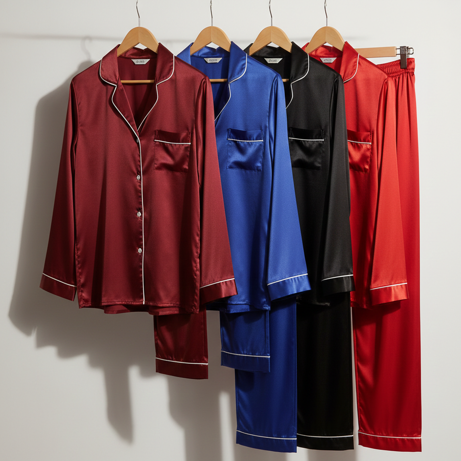 Classic Couple Night Suit Silk Satin Pajama Set Long Sleeve Top & Full-Length Pants (4 Pcs) | DC-C007 - Image 4
