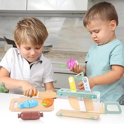 Wooden Kids Play Kitchen Set with Toy Utensils & Velcro Food Montessori Pretend Cooking Playset - Image 3