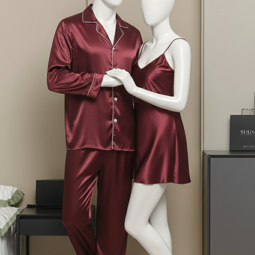 Premium Nighty Suit Satin Silk Couple Pajama Set Luxurious Matching Night Wear for Men & Women (3 Pcs) | SKU: DC-C005 - Image 2