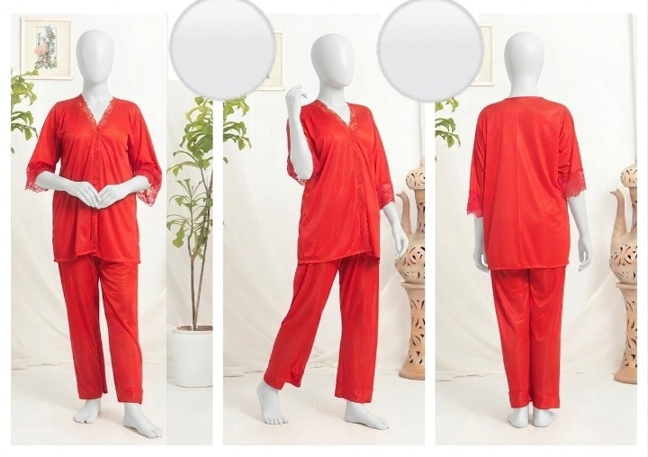 Womens Luxury Silk Satin Pajama Set with Elegant Lace Trim SKU R-010 Free Size - Image 2