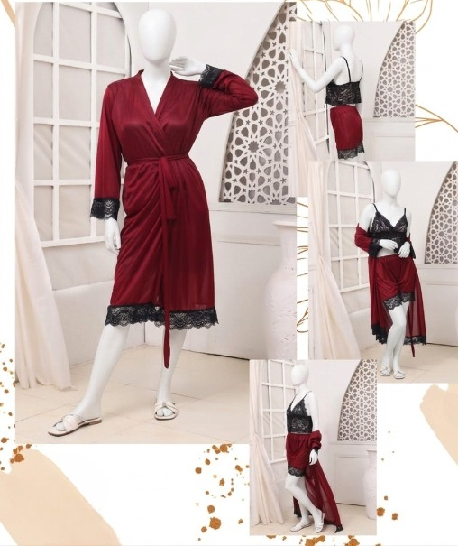 Women's Luxury Silk Nightwear Set with Black Lace 3 Piece Robe & Slip Dress SKU R-011 Free Size - Image 2