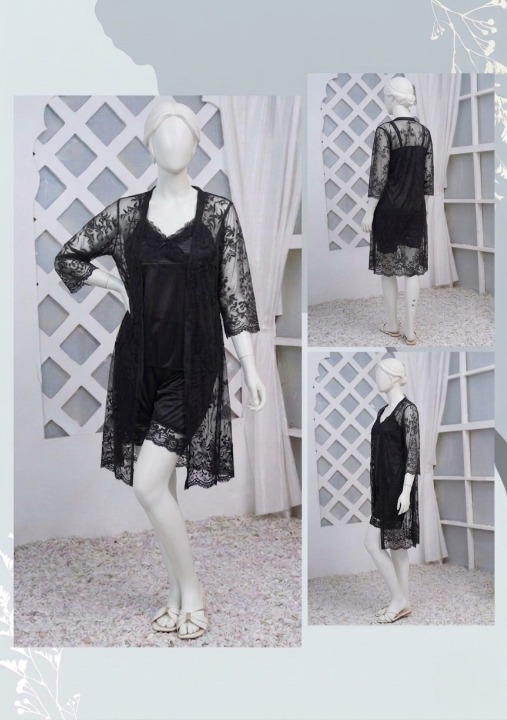 3 Pcs Luxurious Silk & Net Black Lace Women's Sleepwear Set Top Short & Gown Nightwear (Free Size) - Image 4