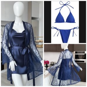 4 Piece Womens Transparent Net Gown Set  Soft Lace Robe with Silk Inner, Bra & Panty | Free Size - Up to 38 Chest (DC-4052)