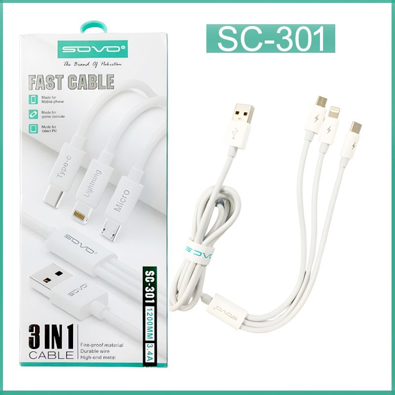 SOVO High Quality 3-in-1 Fast Charging Cable Multi Charging Cable for Micro USB, Type-C & Lightning Devices