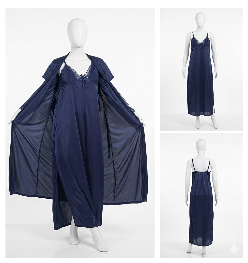 2 Pcs Premium Silk Lace Women's Sleepwear Set Inner & Gown Nightwear (Size Free) - Image 5