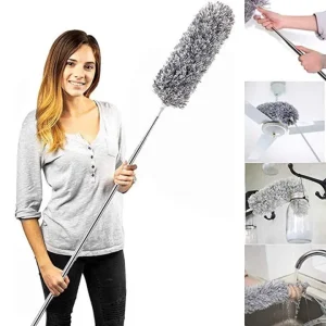 Microfiber Gray Fan Duster  Extendable Stainless Steel Long Pole & Bendable Washable Cleaning Brush