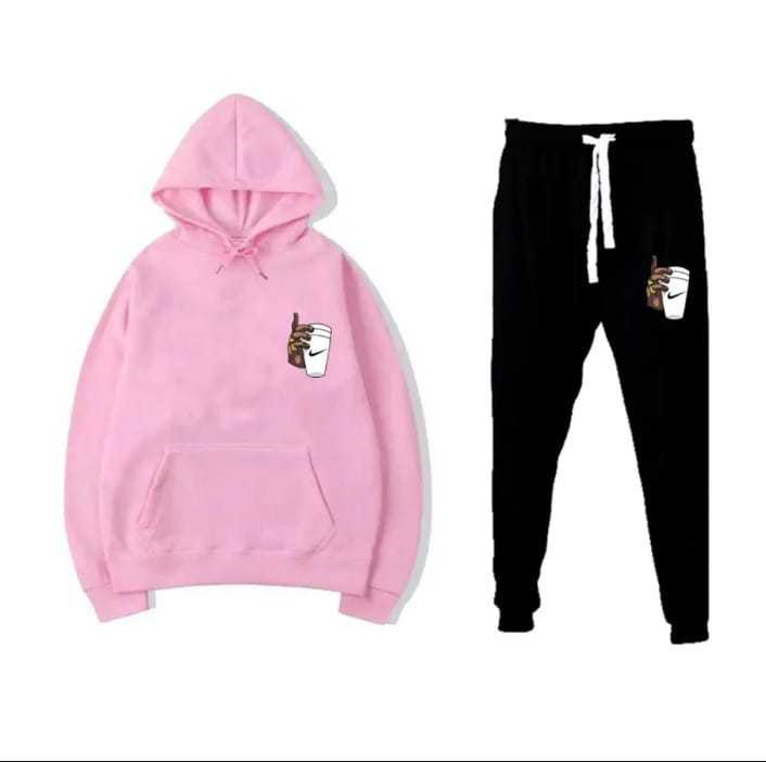 NEW ARRIVAL Stylish Hand With Cup Logo Printed Grey Hoodie & Black Trouser Tracksuit for Men & Women | Thick Fleece Winter Gym Wear