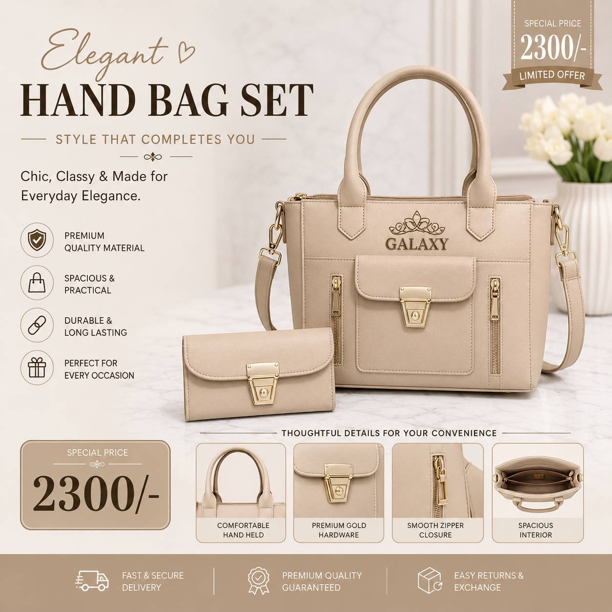 Beige Leather Handbag & Wallet Set for Women – Premium Ladies Purse with Matching Wallet for Office, Shopping & Everyday Use (Beige)