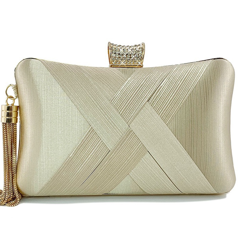 Golden Woven Diamond Tassel Clutch for Weddings & Parties | Elegant Women's Evening Bag - Image 3