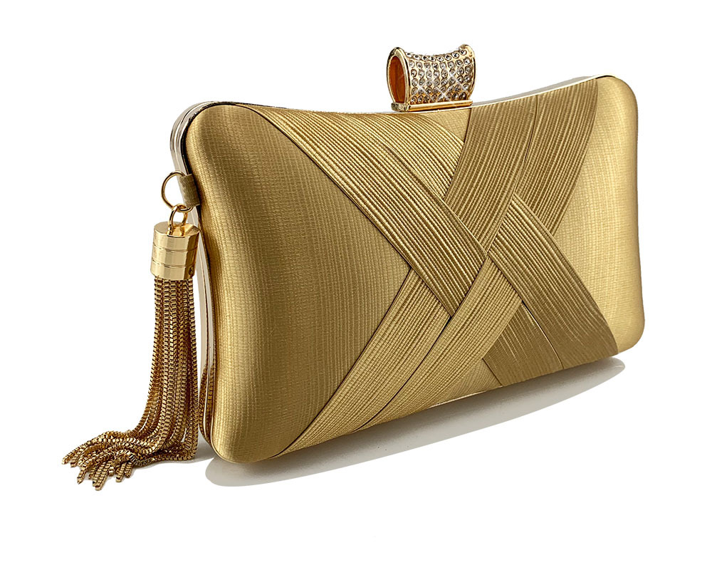 Golden Woven Diamond Tassel Clutch for Weddings & Parties | Elegant Women's Evening Bag - Image 8