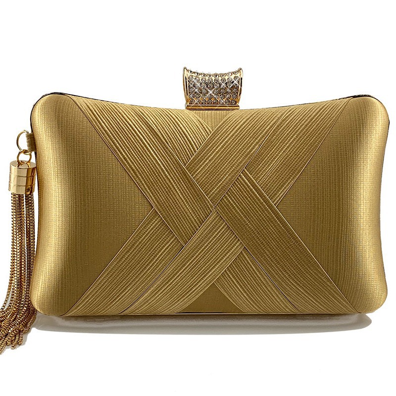 Golden Woven Diamond Tassel Clutch for Weddings & Parties | Elegant Women's Evening Bag - Image 12
