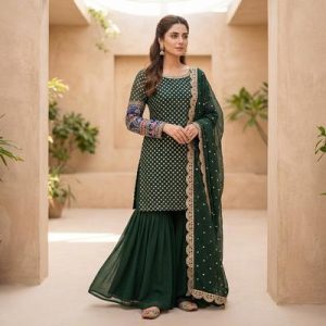 Elegant Green Mirror Work Chiffon Suit for Women