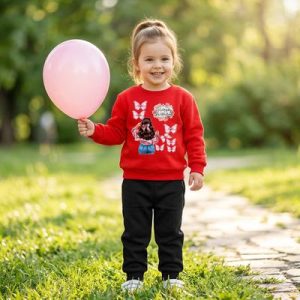 Girls Fleece Printed Tracksuit Red Black 3-4 Years | Warm 2-Piece Winter Outfit