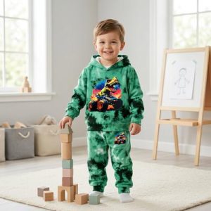 2 Sets Fleece Tracksuit for Boys Monster Truck Dinosaur Print | Warm Winter 2-Piece Outfit
