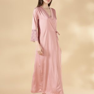 Tea Pink Satin Long Cami & Robe Set for Women