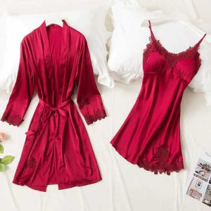 Imported 2-Piece Lace Nightgown & Robe Set for Women