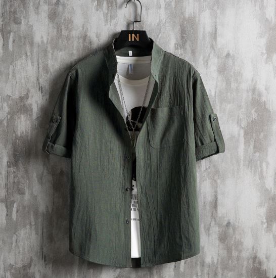 Men Plus Size Solid Green Short Sleeve Shirt Summer Cotton - Image 5