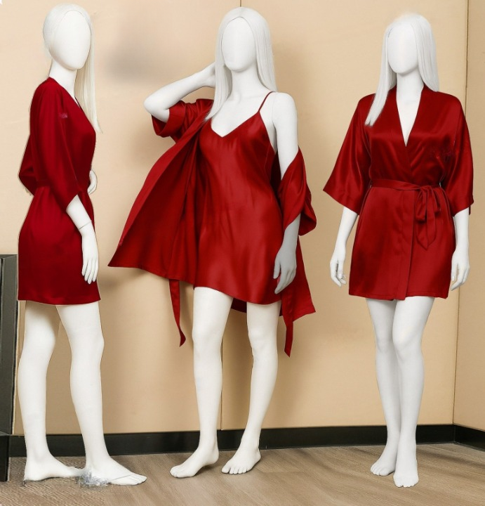 Premium Satin Sleepwear Set Robe & Spaghetti Strap Nightdress Combo for Women Free Size (DC-2004)