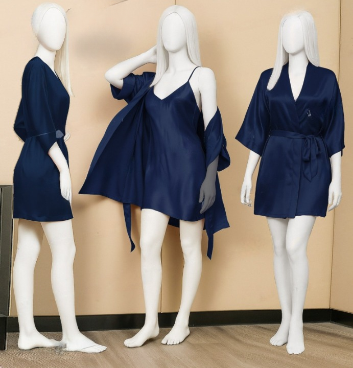 Premium Satin Sleepwear Set Robe & Spaghetti Strap Nightdress Combo for Women Free Size (DC-2004) - Image 2