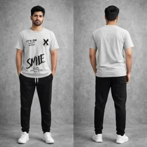Men Printed Graphic Track Suit Grey Black Cotton Summer 2-Piece Casual Sportswear