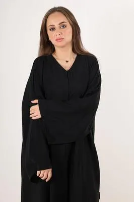Black V-Neck Abaya for Women 57" Length | Premium Nida Fabric Modest Abaya - Image 2
