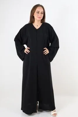 Black V-Neck Abaya for Women 57" Length | Premium Nida Fabric Modest Abaya - Image 3