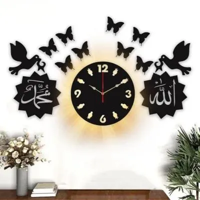 Islamic Wall Clock with Backlight & Butterflies Black MDF | 24 Inch Decorative Arabic Calligraphy Clock - Image 2
