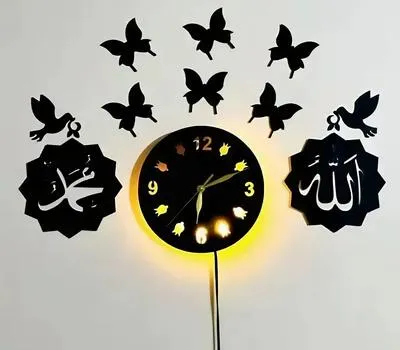 Islamic Wall Clock with Backlight & Butterflies Black MDF | 24 Inch Decorative Arabic Calligraphy Clock - Image 4