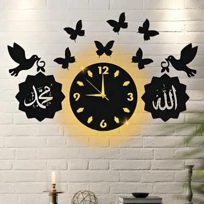 Islamic Wall Clock with Backlight & Butterflies Black MDF | 24 Inch Decorative Arabic Calligraphy Clock - Image 5