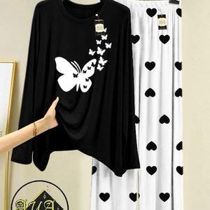 Black & White Printed Women's Nightwear Set – Soft & Breathable 2 Piece Sleepwear ( Standard Size )