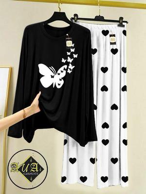 Black & White Printed Women's Nightwear Set – Soft & Breathable 2 Piece Sleepwear ( Standard Size )