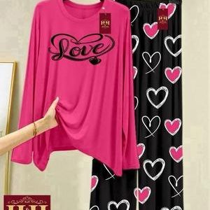 Pink Love Print Night Suit for Women – Soft Cotton Jersey 2 Piece Comfortable Home Wear & Sleepwear Set