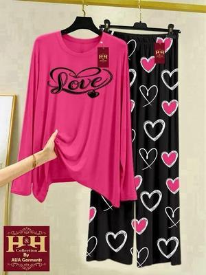 Pink Love Print Night Suit for Women – Soft Cotton Jersey 2 Piece Comfortable Home Wear & Sleepwear Set - Image 2